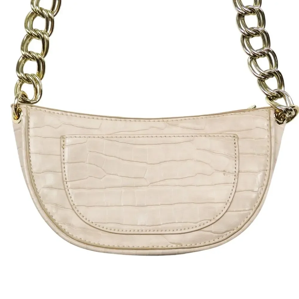 Zara Cream Croc Leather Shoulder Bag with Chunky Gold Chain Baguette Bag